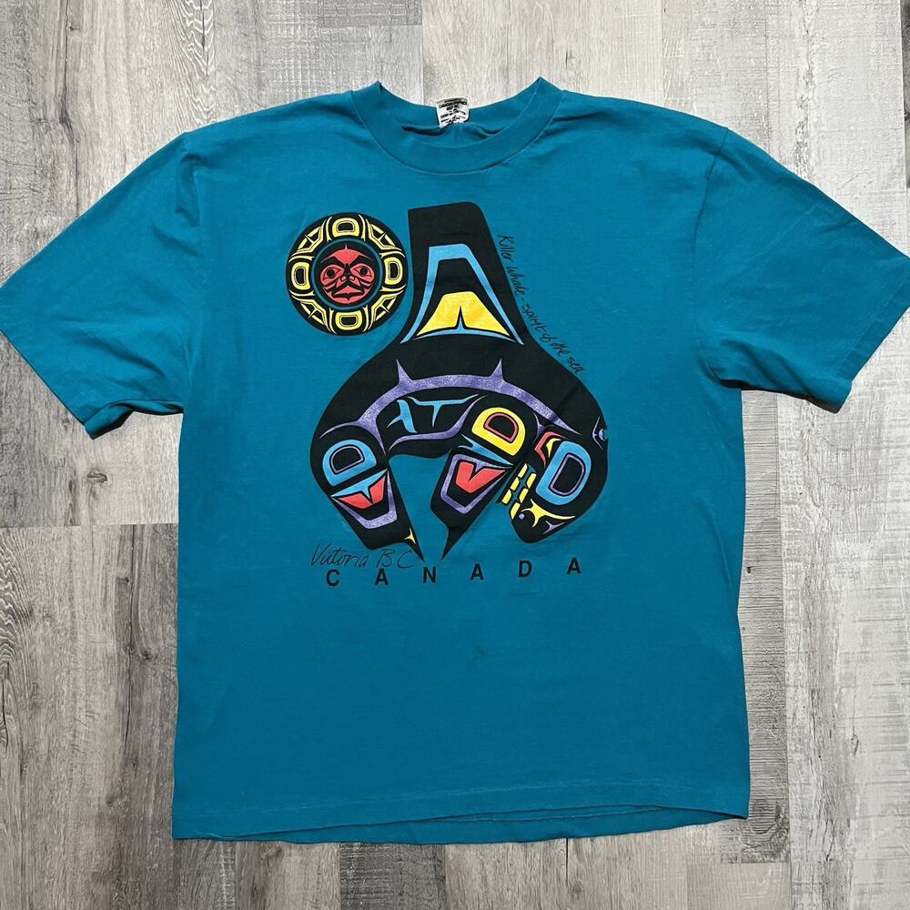 VTG Northwest Coat Art Tee Blue Victoria BC Canada Killer Whale T Shirt Sz Large